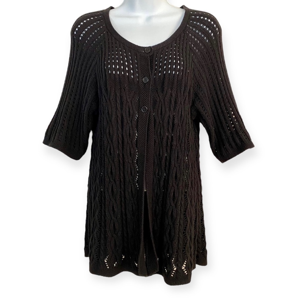 Black Open Knit Cotton Cardigan Sweater Medium Crochet Short Sleeves
